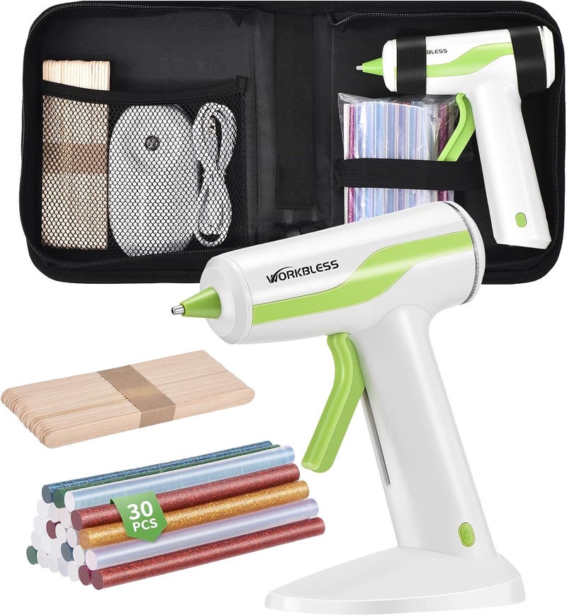 WorkBless 30PCS 0.28'' Hot Glue Gun and Sticks Set, Cordless Hot Glue Gun with 2Ah Rechargeable Battery, Smart Power-Off, Hot Glue Gun with Case,10PCS Wood Craft Sticks for Arts &Crafts, DIY - Image 1